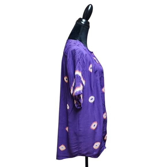 Purple Crepe Women's XL Silk Short-Sleeve Embroidered Boho Button-Up Tunic Top - Picture 6 of 7